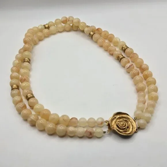 Vintage 2 Strand Choker Necklace Honey Yellow Lucite Beads Gold-Tone Rose Clasp - Picture 1 of 10